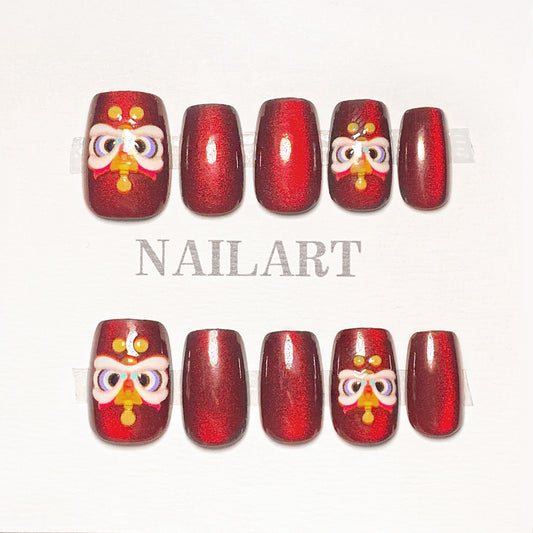 Festive Red Square Long Press On Nail Set with Unique Decorative Bow Design