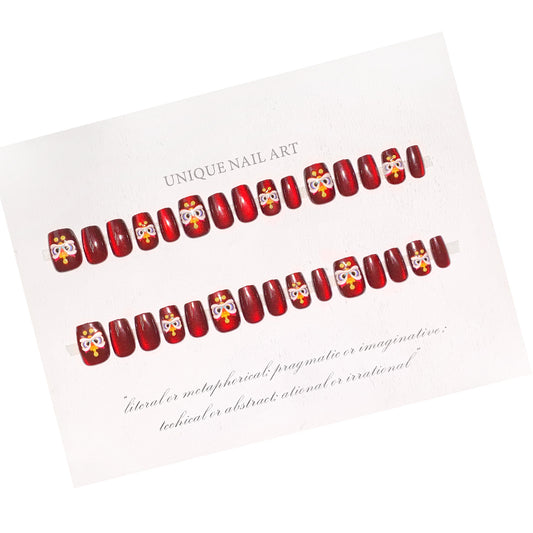 Festive Red Square Press On Nail Set Long Lasting Design with Adorable Cartoon Decor