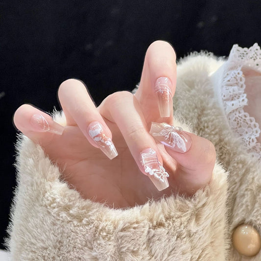 Elegant Bridal Long Coffin Clear Press on Nail Set with White Lace Art Accents