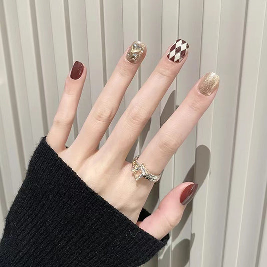 Glamorous Evening Press On Nail Set Short Square Burgundy Gold and Brown Checkerboard Design
