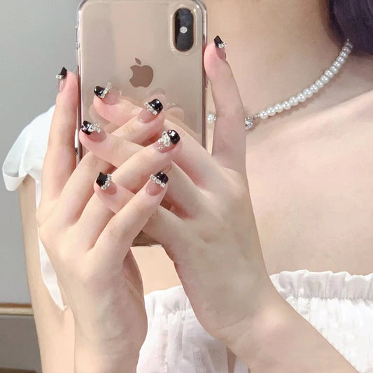 Elegant Midnight Glam Press On Nail Set Short Square Black and Beige with Rhinestone Accents