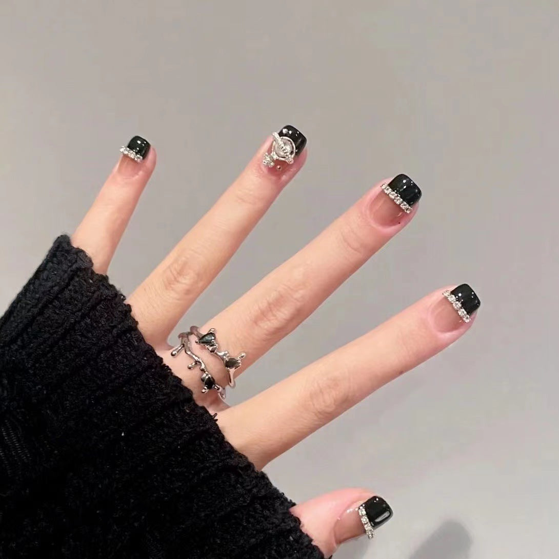 Gothic Glam Short Square Black Press On Nail Set with Silver Accent Gems