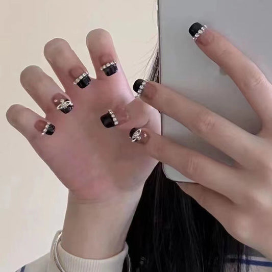 Elegant Midnight Glamour Short Square Black and Clear Press On Nail Set with Rhinestone Accents