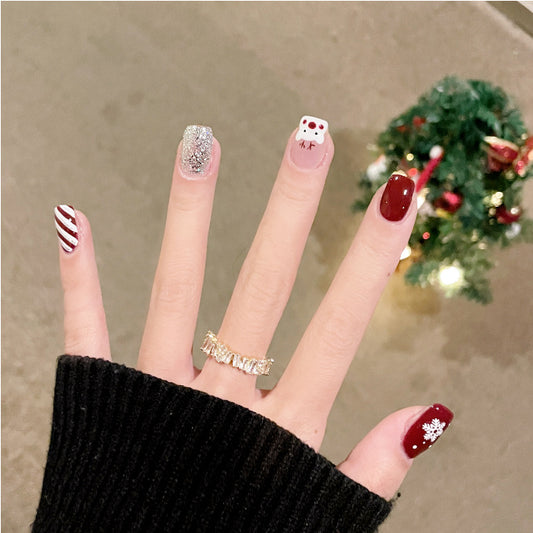 Festive Sparkle Medium Square Red and White Glitter Snowman Design Press On Nail Set