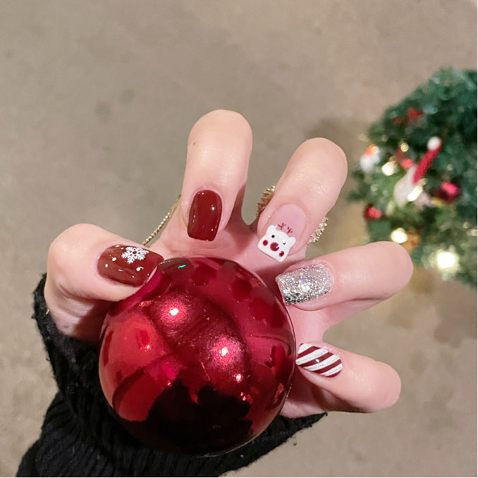 Festive Winter Wonderland Medium Square Red and Gold Glitter Press On Nail Set with Holiday Characters and Designs