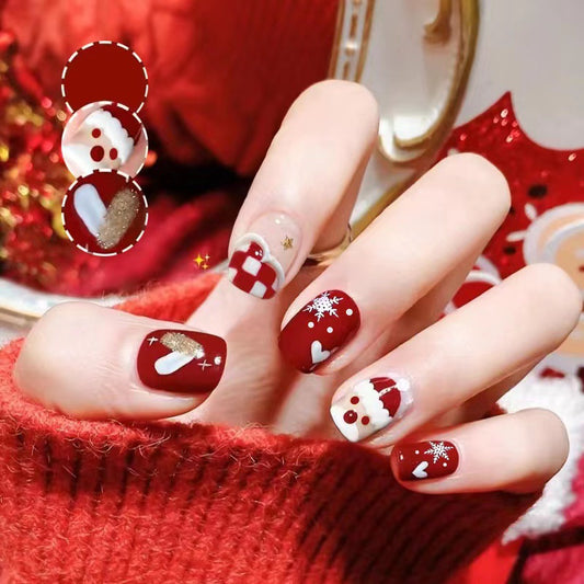 Festive Red Christmas Press On Nail Set Short Square Vibrant Red with Adorable Santa and Snowflake Designs