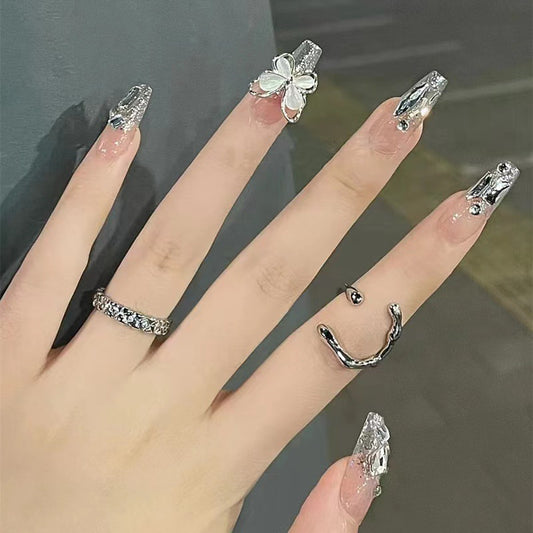 Glamorous Silver Floral Long Coffin Press On Nail Set with Glitter Finish and Unique 3D Butterfly Accent