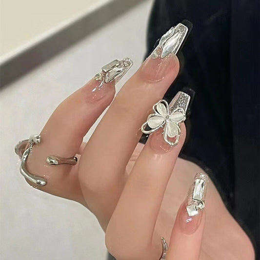 Glamorous Butterfly Dream Long Coffin Clear Silver Nail Set with 3D Decorations