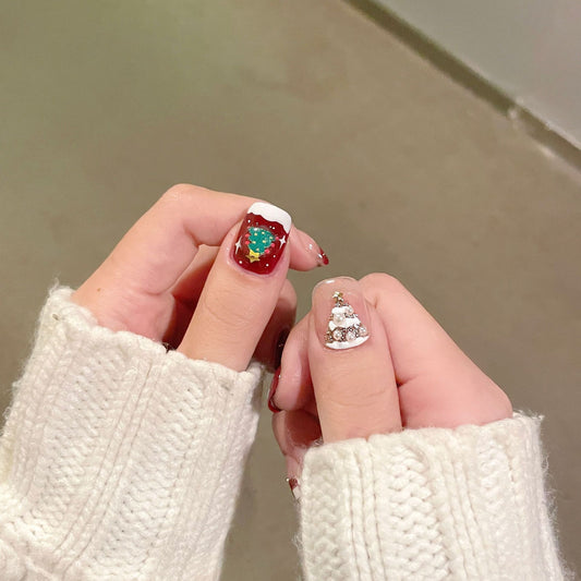 Festive Charm Long Square Burgundy and White Press On Nail Set with Holiday Tree and Snowman Designs