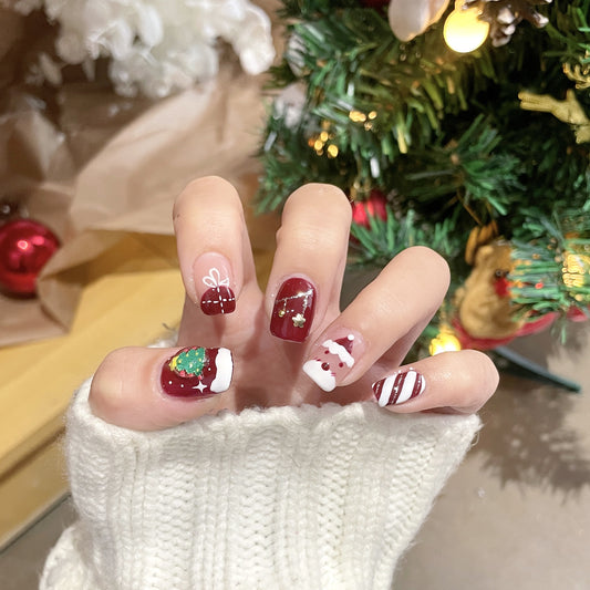 Festive Cheer Long Square Red Green and White Press On Nail Set with Holiday Designs