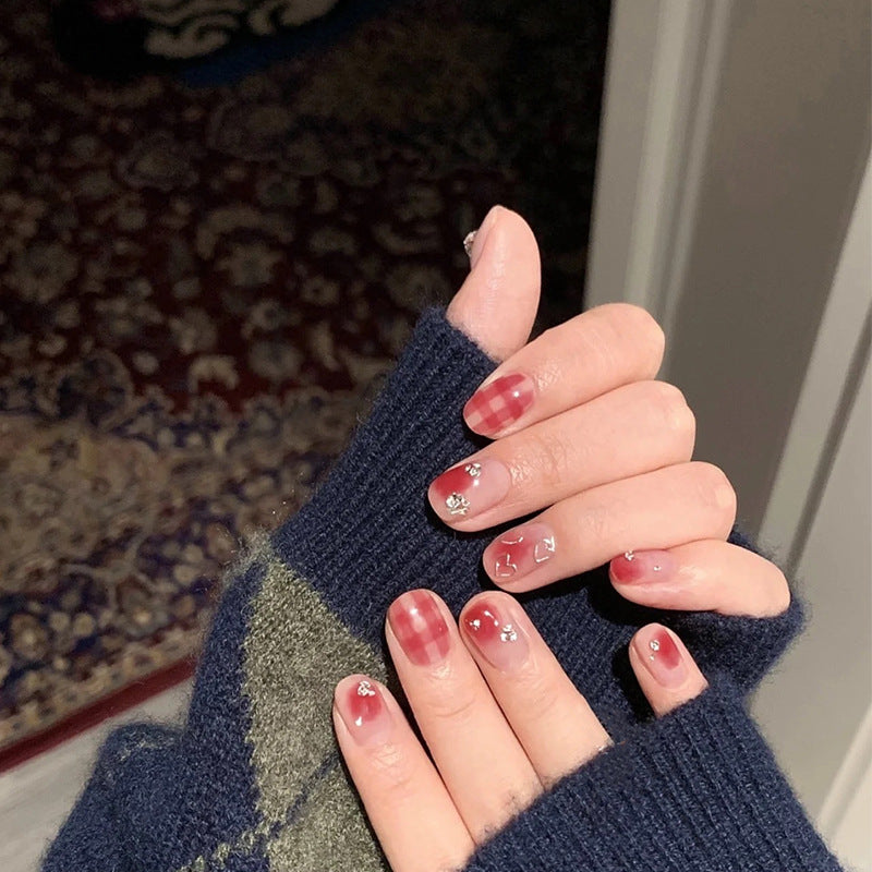 Cozy Autumn Vibes Short Oval Red Plaid Press On Nail Set with Sparkling Accent Gems