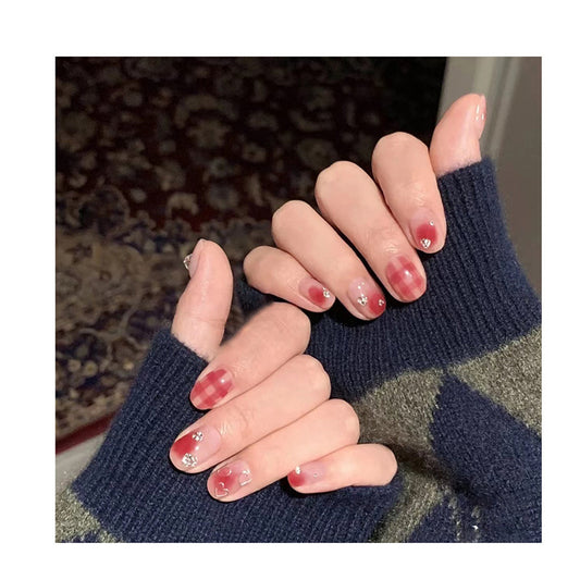 Romantic Charm Short Oval Red Gradient Press On Nail Set with Heart and Gem Accents