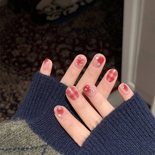 Cozy Autumn Vibes Short Oval Burgundy Checkered Press On Nail Set with Rhinestone Accents