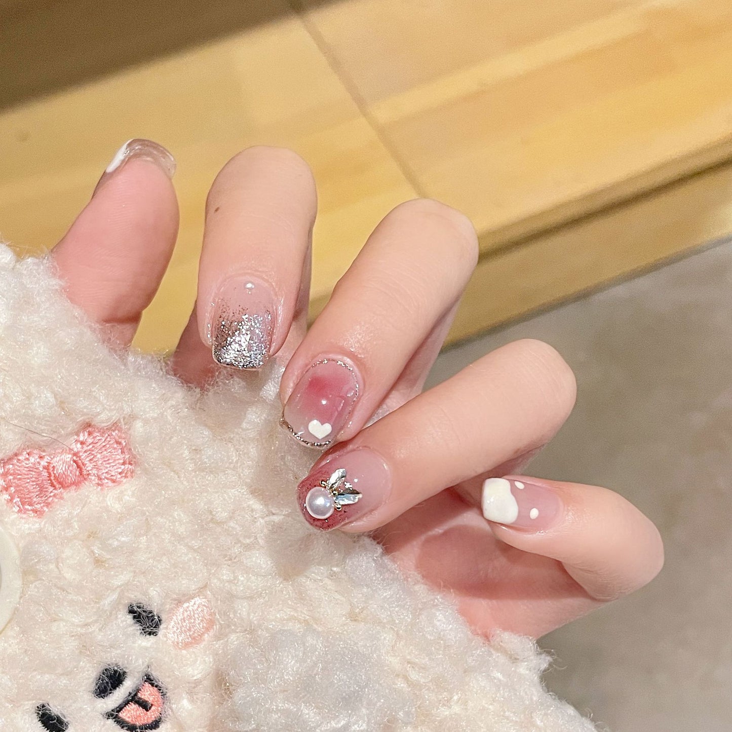 Glamorous Sparkle Long Oval Pink Glitter Press On Nail Set with Jewel Accents