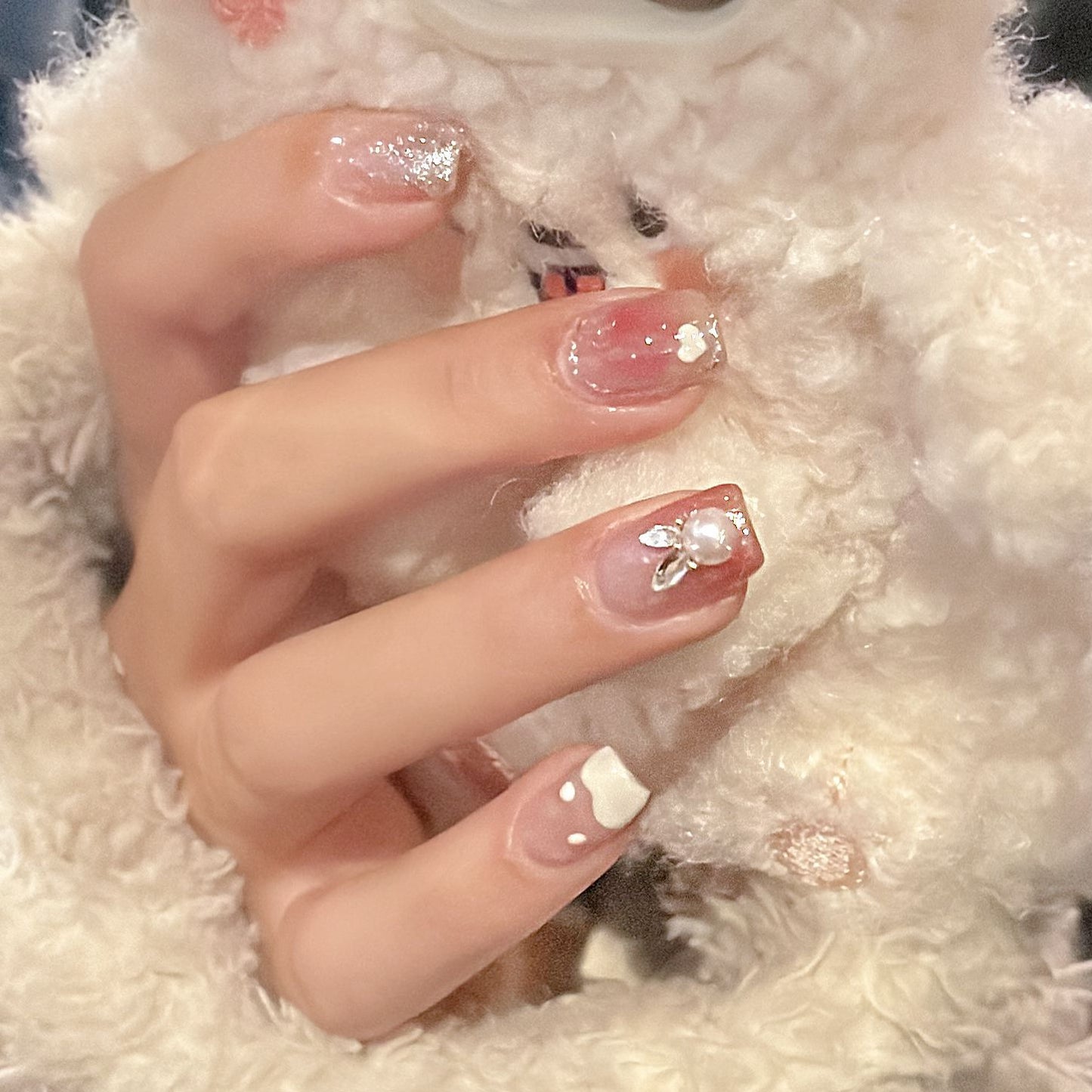 Elegant Garden Inspired Long Oval Pink and White Press On Nail Set with Pearl Accent