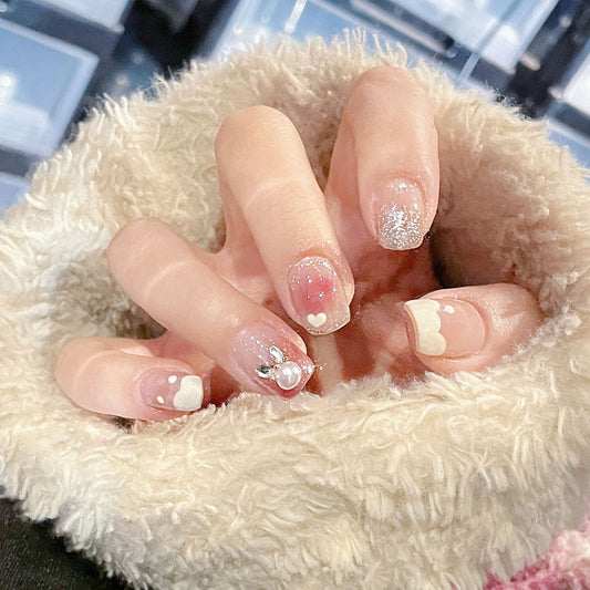 Charming Fairy Tale Medium Oval Pink and White Press On Nail Set with Glitter and Heart Designs