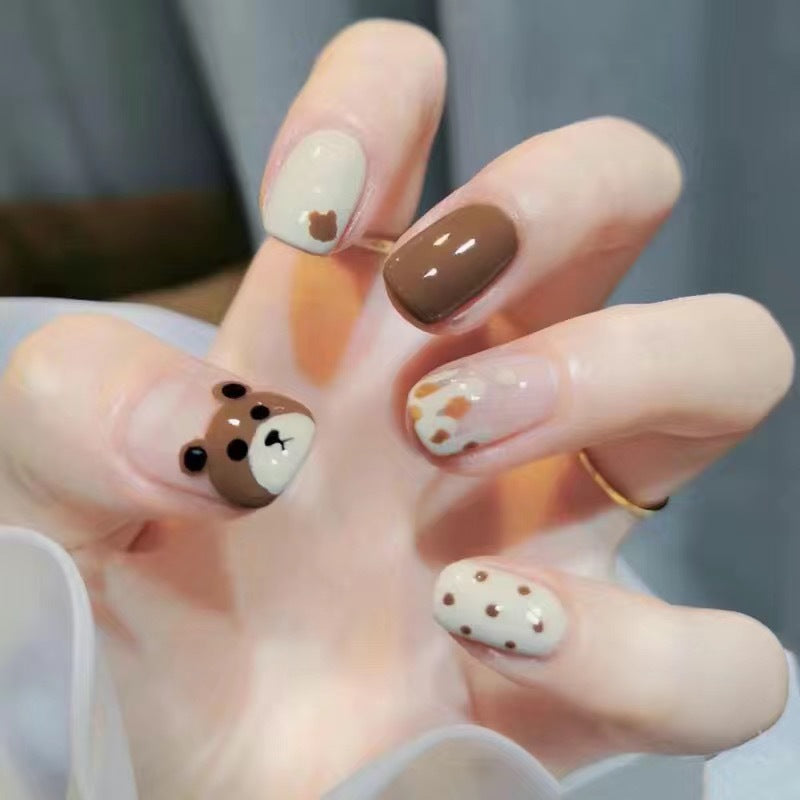 Bear Themed Short Square Brown and Beige Press On Nail Set Featuring Cute Bear Design and Spot Accents