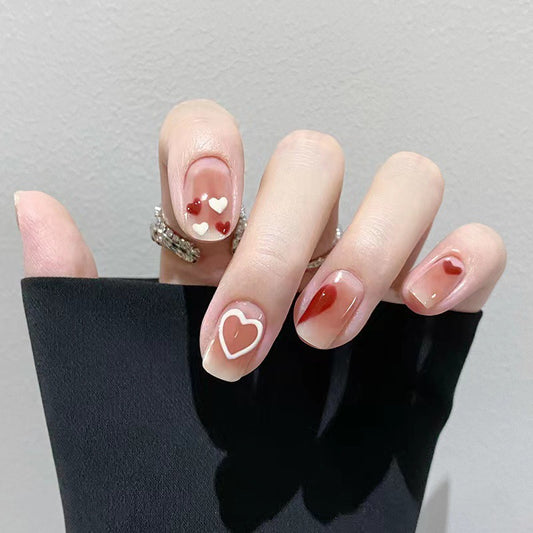 Romantic Heartfelt Square Shaped Medium Red and White Press On Nail Set with Charming Heart Designs