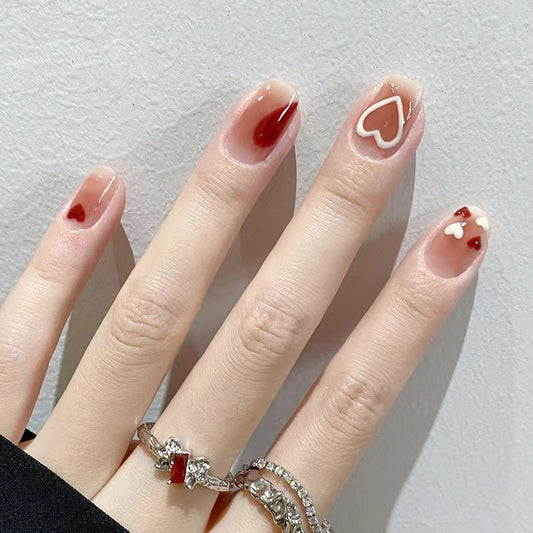 Romantic Red Square Press On Nail Set Medium Length Cute Heart Design
