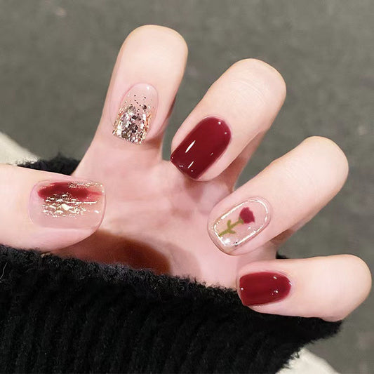 Romantic Blossom Medium Square Burgundy and Clear Press On Nail Set with Gold Glitter and Floral Design
