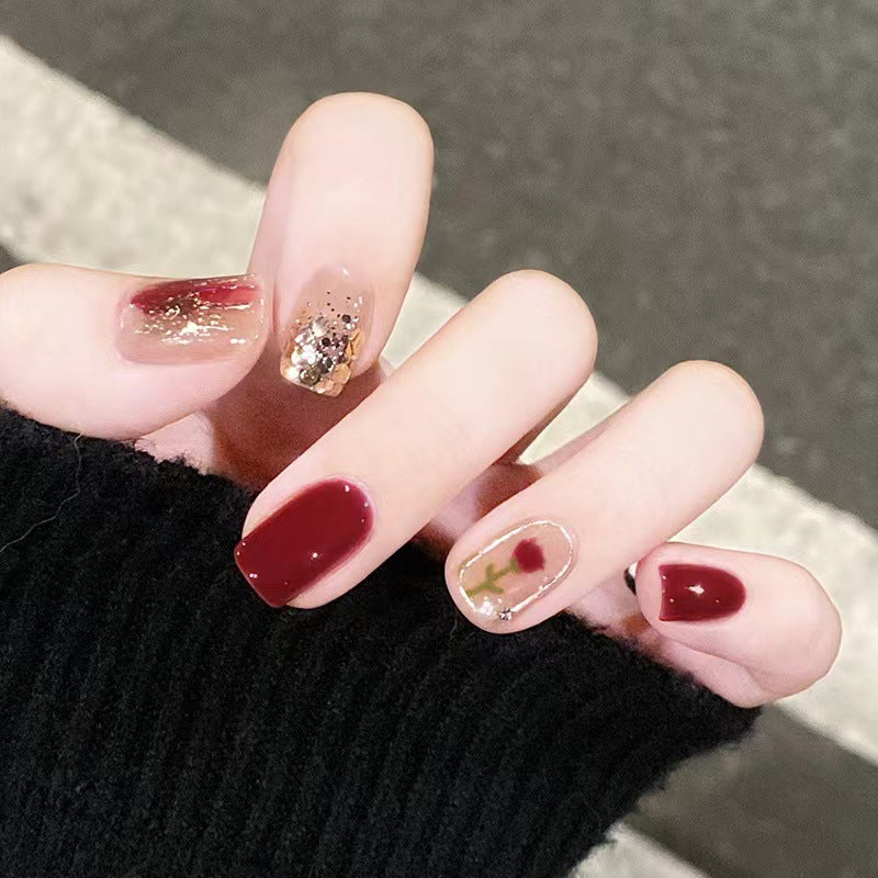 Romantic Garden Square Press On Nail Set Medium Burgundy with Gold Glitter and Rose Design
