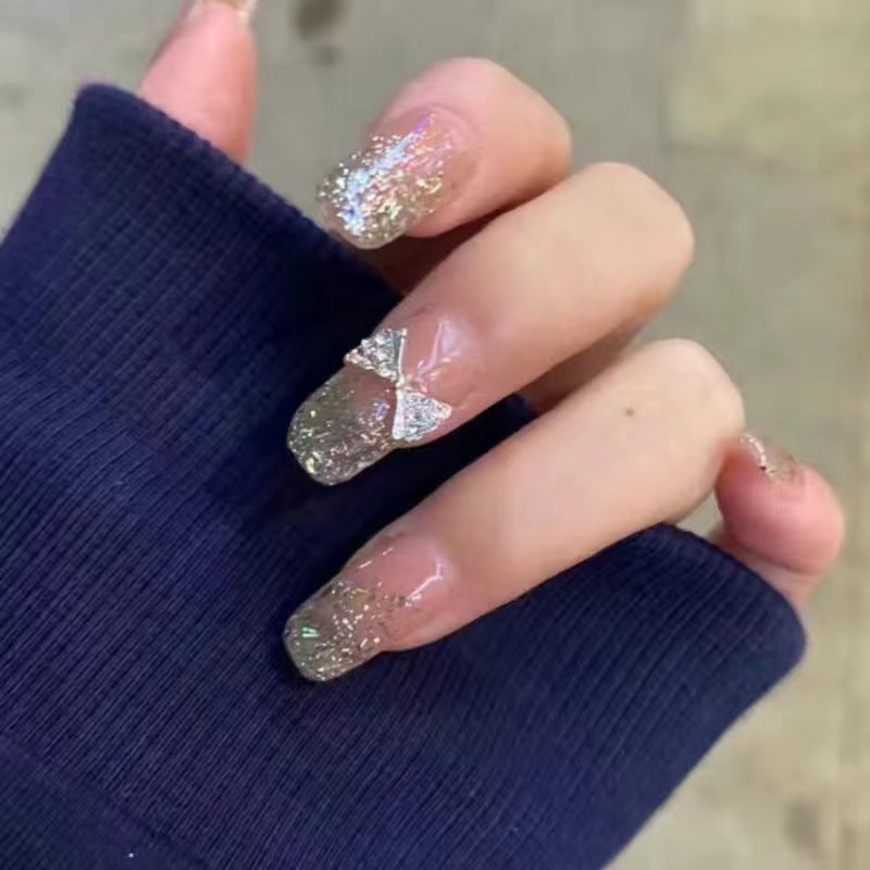 Glimmering Wonderland Extra Long Square Press On Nails Champagne Glitter with Butterfly Accent