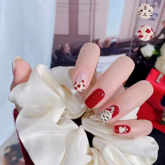 Charming Valentine Themed Medium Length Square Shape Red and Pink Press On Nail Set with Cute Animal Designs
