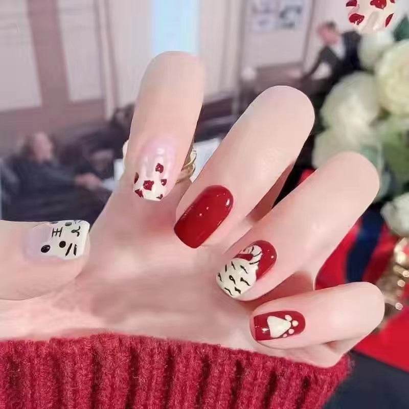 Cat Lover's Delight Medium Square Red and Cream Press On Nail Set with Cute Cat and Heart Designs