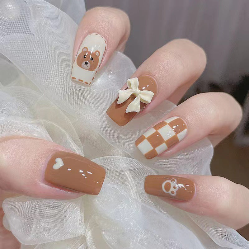 Cozy Bear Themed Long Square Brown Press On Nail Set with Cute Bear Bow and Checkered Design