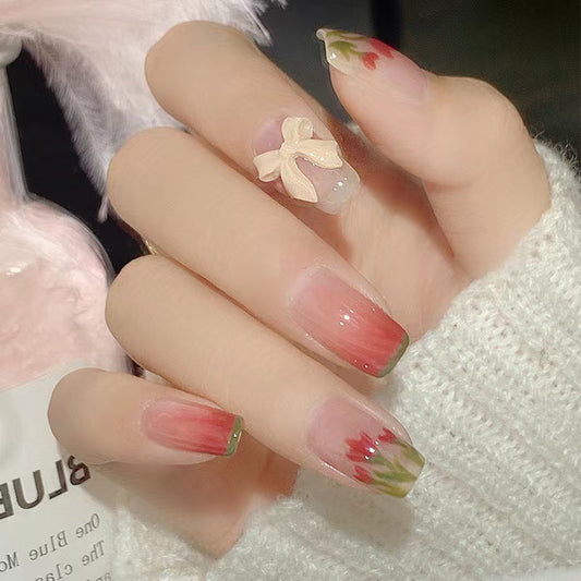 Blossom Elegance Long Square Ombre Pink and Green Press On Nail Set with Floral Bow Accent