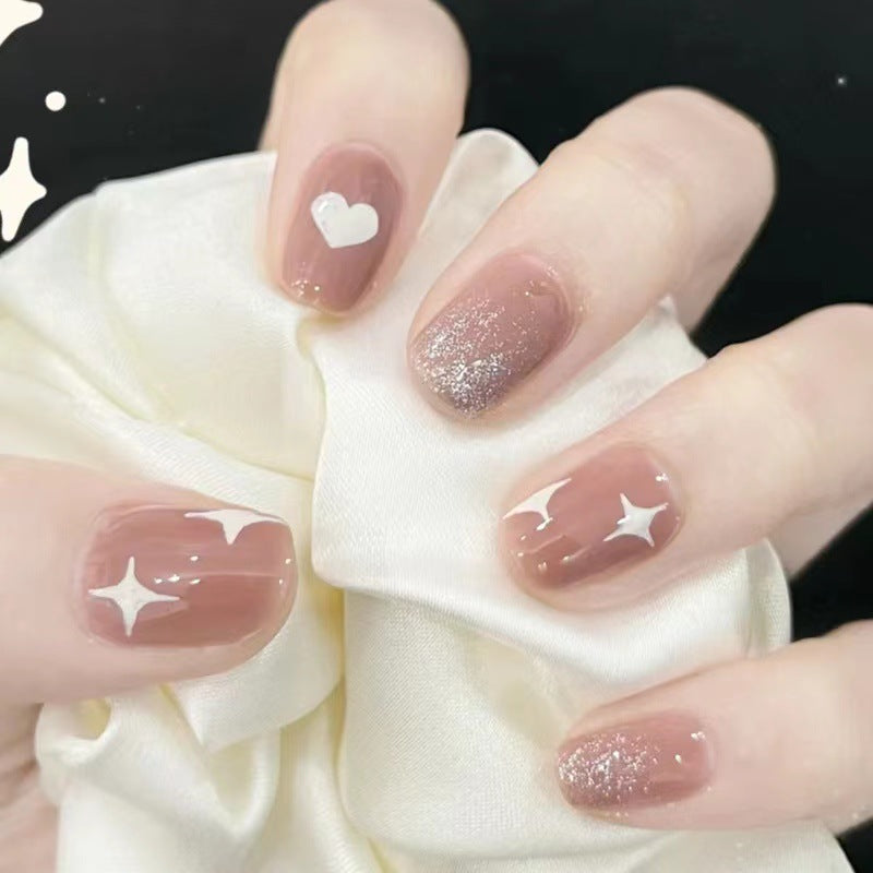 Celestial Dreams Short Square Natural Beige Press On Nail Set with Glitter and Heart Designs