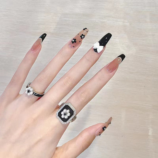 Elegant Floral Noir Press On Nail Set Long Square Shape Beige and Black with Charming Flower Accents