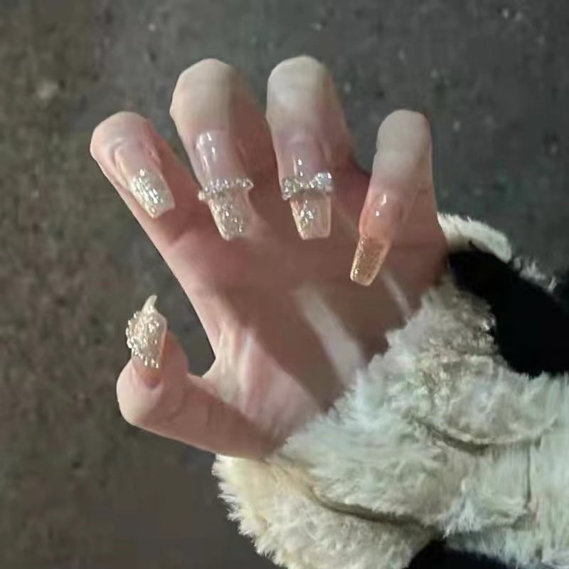 Glamorous Celebration Long Coffin Clear and Gold Glitter Press On Nail Set with Unique Crystal Embellishments