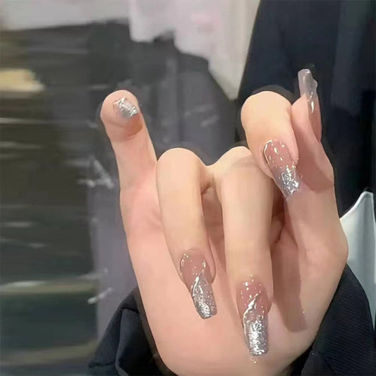 Glamorous Elegance Long Coffin Silver Glitter Gradient Press On Nail Set