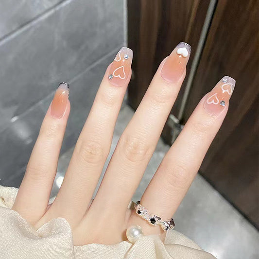 Romantic Heart Theme Long Coffin Transparent Beige Press On Nail Set with Glitter and Rhinestones