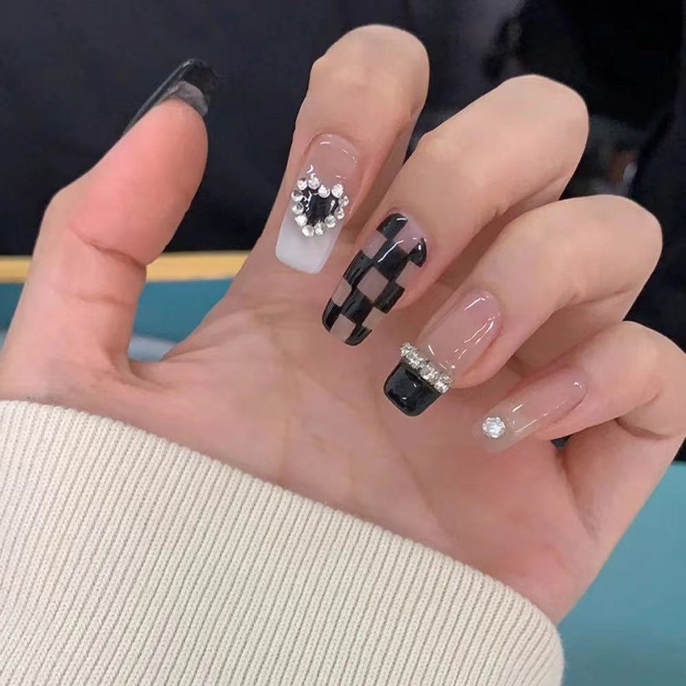 Chic Glamour Long Square Black and White Press On Nail Set with Rhinestone Accents