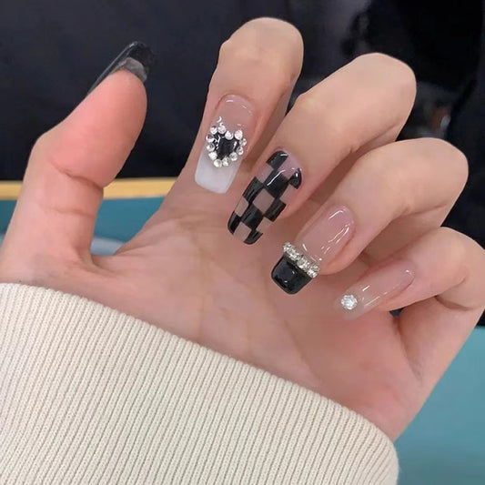 Chic Glamour Long Square Black and White Press On Nail Set with Rhinestone Accents