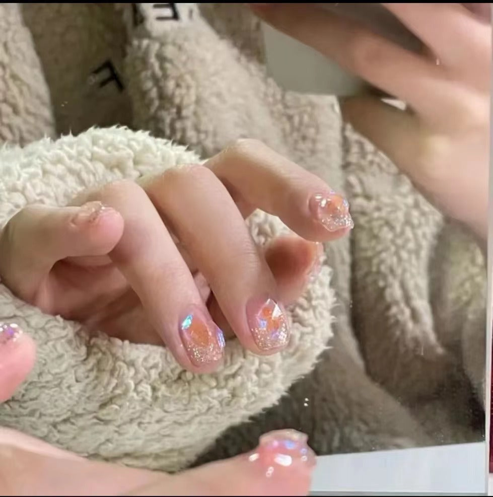 Glamorous Elegance Medium Square Blush Pink Press On Nail Set with Sparkling Diamond Accents