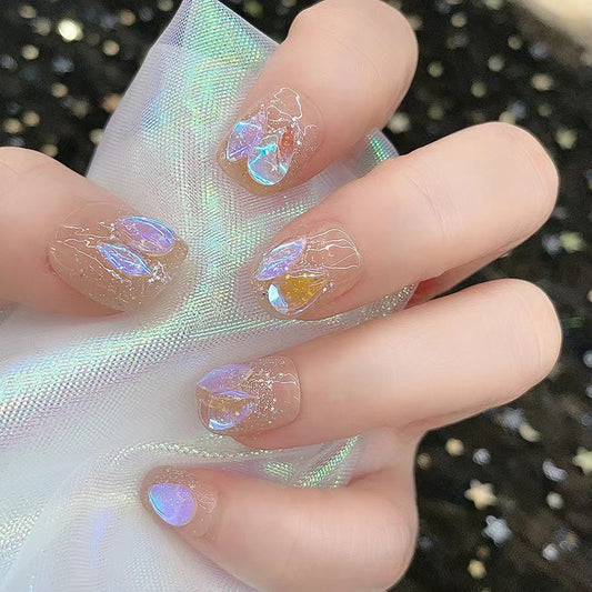 Celestial Radiance Medium Square Beige Press On Nail Set with Iridescent Gem Accents