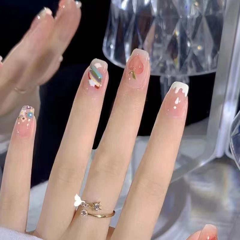 Bright and Cheerful Long Square Pink and White Press On Nail Set with Unique Artistic Design and Glitter Accents