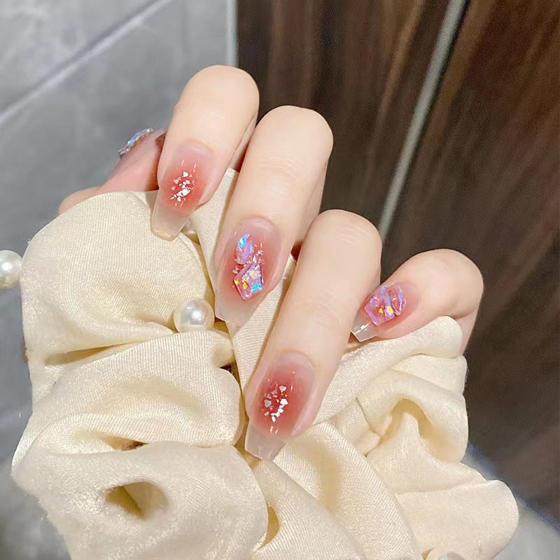 Dreamy Floral Fantasy Long Coffin Pink Press On Nail Set with Iridescent Glitter Accents