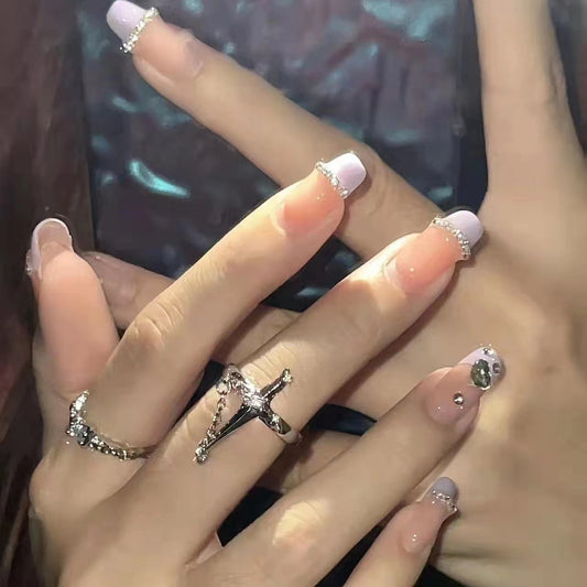 Chic Glamour Long Square Lavender and Crystal Accent Press On Nail Set