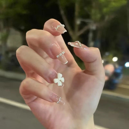 Charming Floral Dream Long Coffin Clear Press On Nail Set with Glitter and 3D Flower Accent