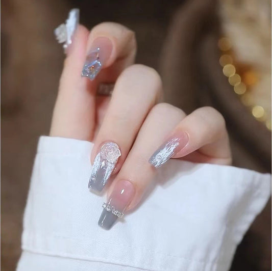 Glamorous Winter Wonderland Long Coffin Press On Nail Set in Silver Gray with Glittery Rose Accent