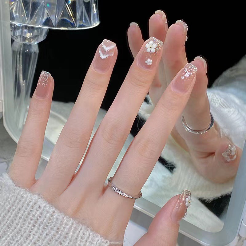 Charming Floral Dream Long Square Clear Press On Nail Set with Glitter and 3D Flower Designs