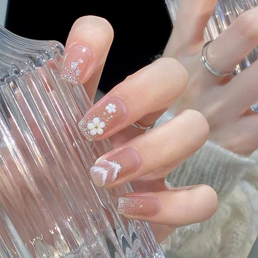 Floral Fantasy Long Square Pink Press On Nail Set with Glitter and 3D Flower Accents