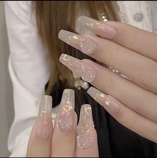 Dreamy Romance Long Coffin Clear Pink Press On Nail Set with Floral Embellishments and Gold Flakes