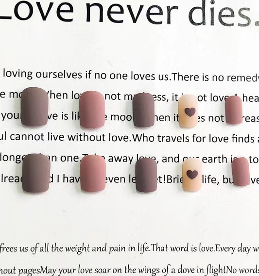 Romantic Earthy Medium Square Matte Press On Nail Set in Shades of Brown with Heart Accent