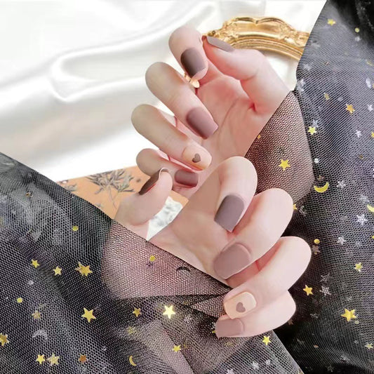 Celestial Dreams Medium Square Matte Brown Press On Nail Set with Heart Accent Design