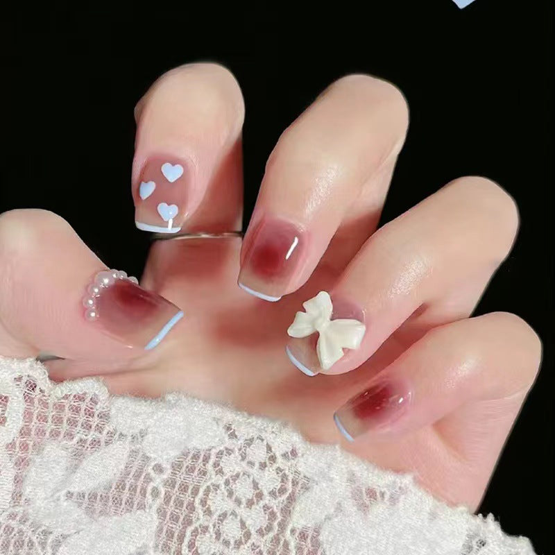 Charming Love Heart Short Square Ombre Pink and White Press On Nail Set with Bow and Pearl Details